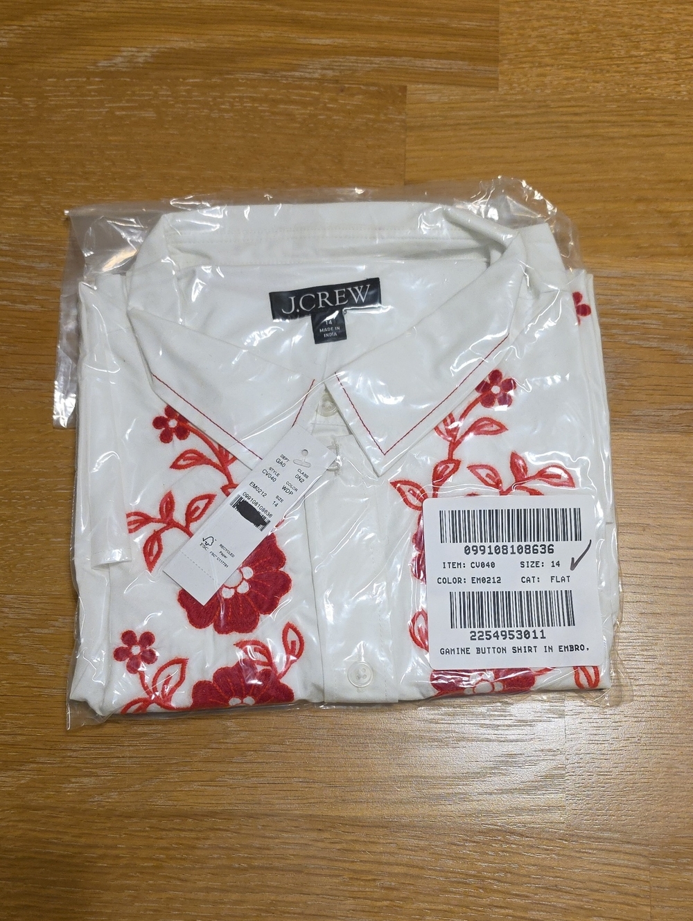 J. Crew White Button-Down Shirt with Red Floral Embroidery